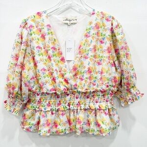 Wishing Waves Floral Smocked Peplum Balloon Sleeve Top Blouse Size XL